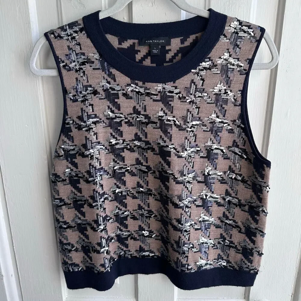 Ann Taylor Sequin Houndstooth Sweater Vest | Blush & Navy | Size L